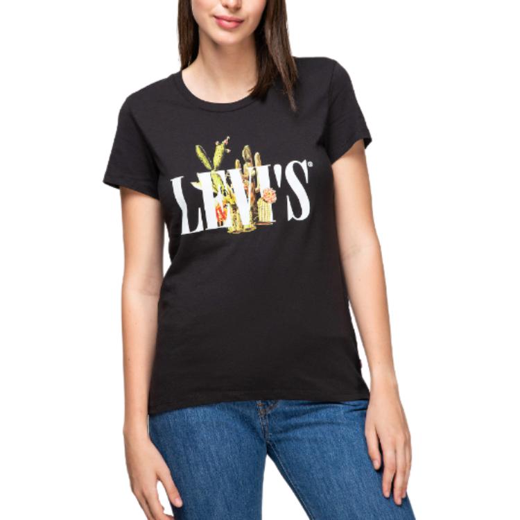 Levis Letter Logo Printed Crew Neck Short Sleeve T-Shirt Women T-Shirts Black 17369-1057