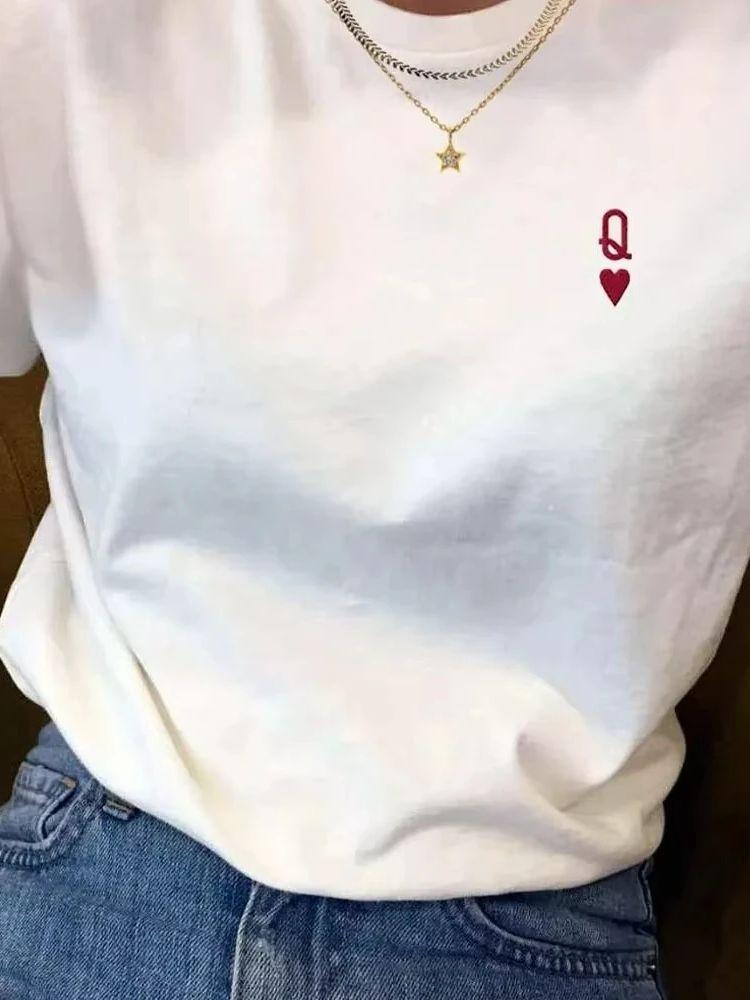 Queen of Hearts Letter T-Shirts Female White Loose Summer Cotton Tops Short Sleeve Casual Shirt Women Graphic Female Clothing