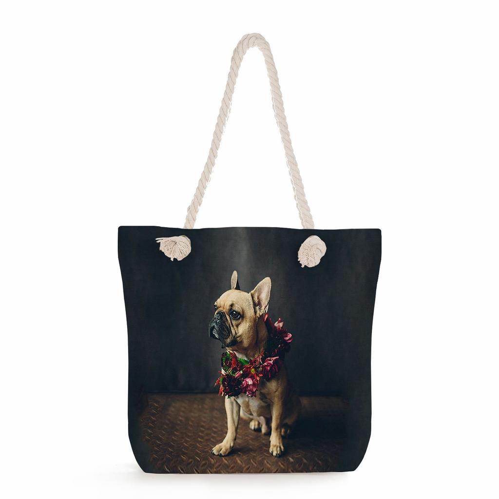 Multifunctional Dog Printed Thick Rope Shoulder Beach Bag Casual Large Capacity Handbag 7620