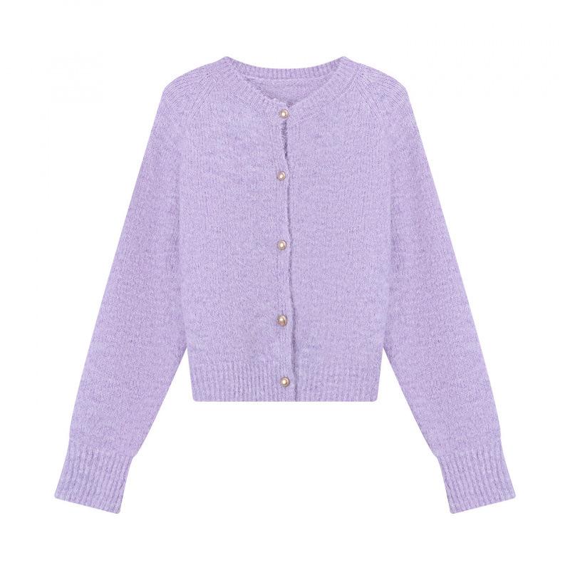 2025 Autumn/Winter Korean Style Soft & Fluffy Knit Cardigan with Gold Buckle and Round Neck for Women