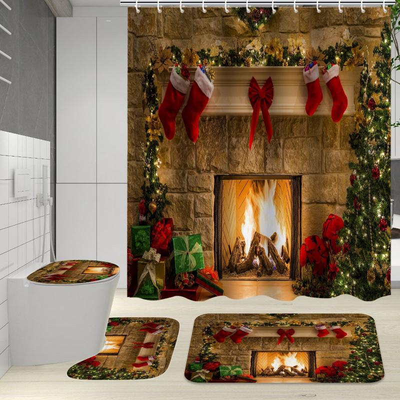 Best-Selling Christmas Digital Print Shower Curtain Waterproof, Includes Plastic C-Shaped Hooks