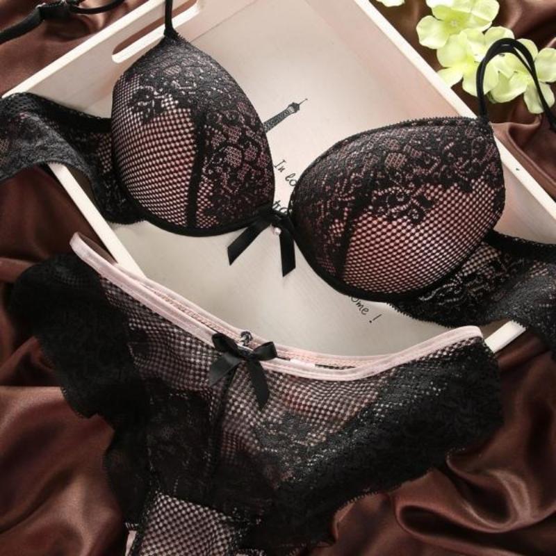 Lace Comfortable Ladies With Steel Ring Gathered Bra Briefs Underwear Set