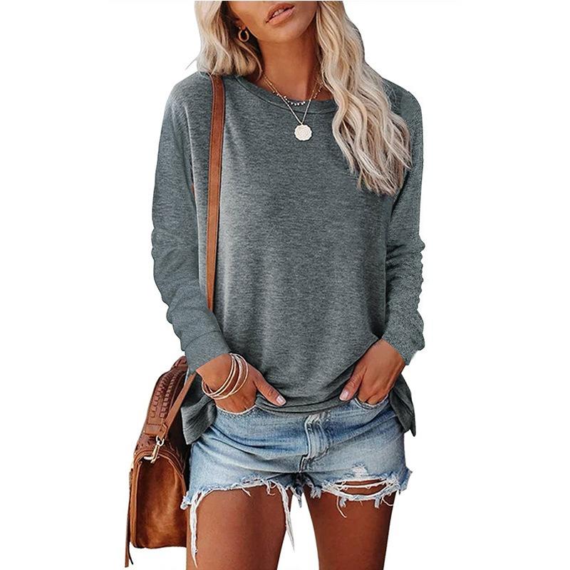 JPNTKY Women's Fashion Casual Solid Color Print O-Neck Long Sleeve Blouses & Shirts