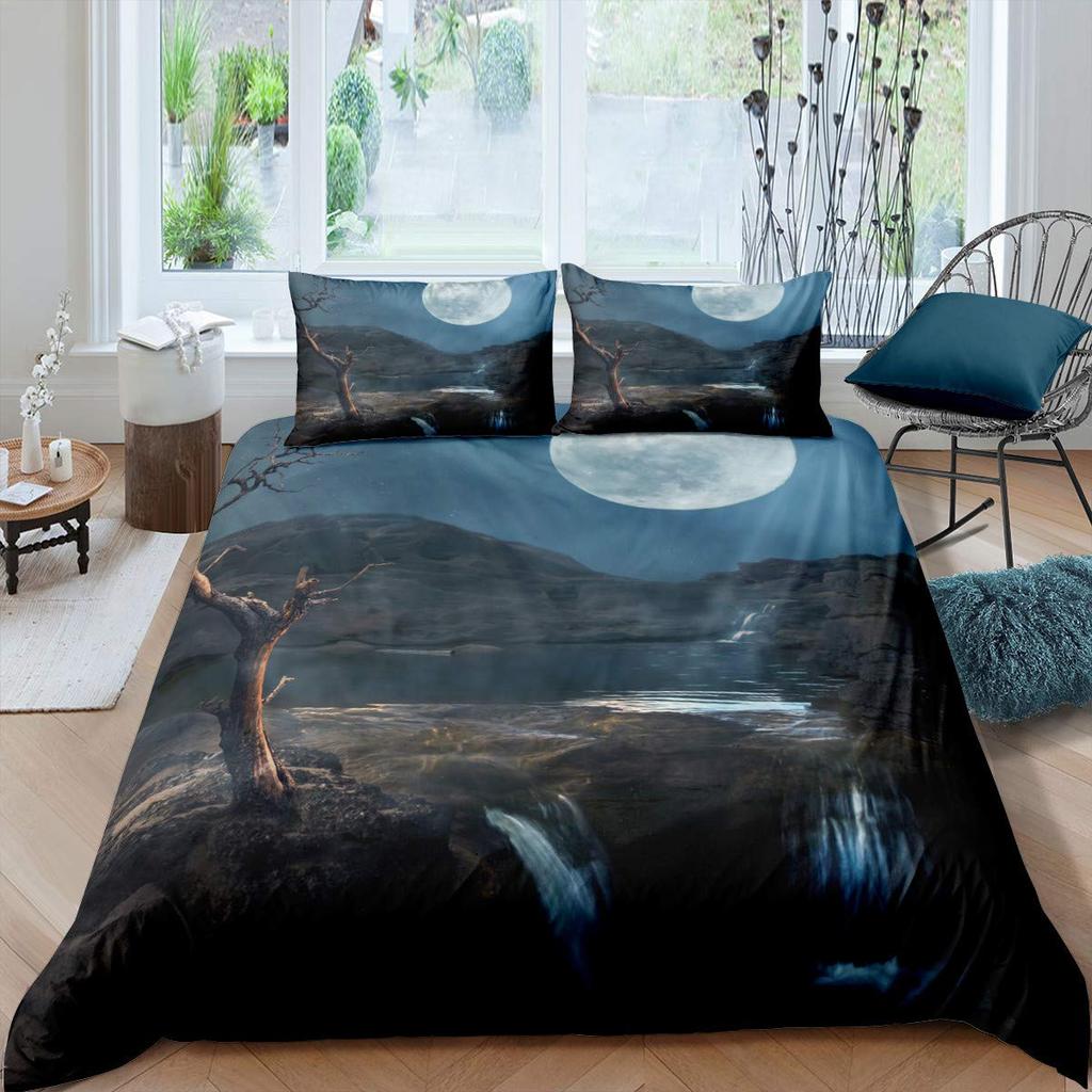 Nature River Bedding Set Starry Sky Duvet Cover Set Mountain River Forest Moon Printed Design Natural Landscape Comforter Cover