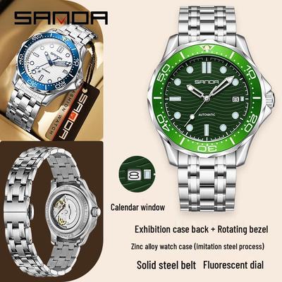 SANDA Men's Mechanical Wristwatch with Rotating Bezel, Solid Steel Band, Calendar, Waterproof, Luminous.