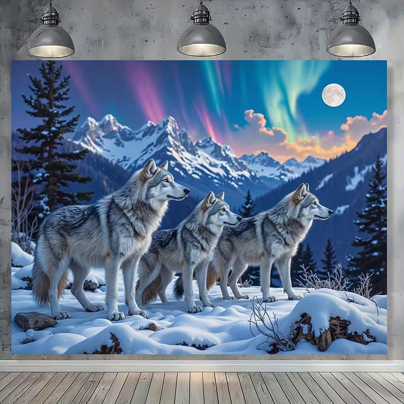 2D Winter Wolf Northern Lights Tapestry Snow Forest Party Backdrop Wall Art