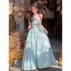 French Super Fairy Pendulum Blue-green Suspender Dress for Women's Summer Waist and Thin Seaside Vacation High-end Long Dress
