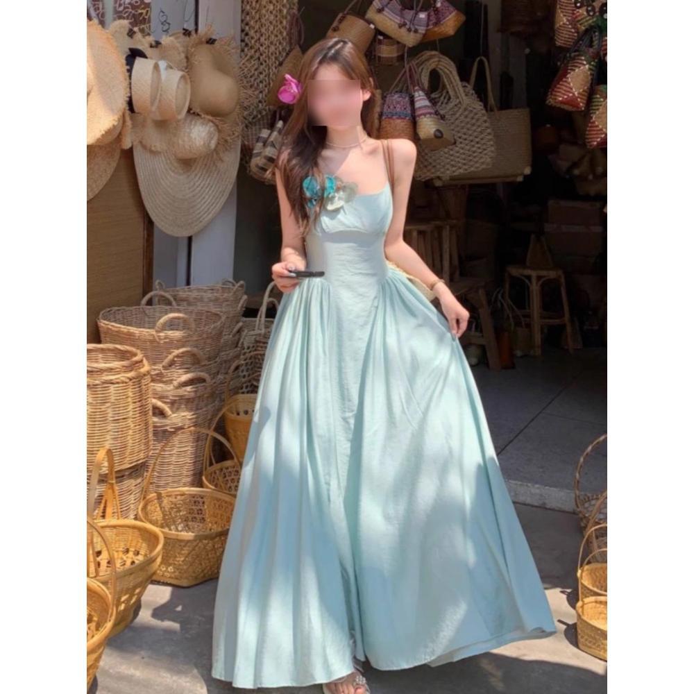 French Super Fairy Pendulum Blue-green Suspender Dress for Women's Summer Waist and Thin Seaside Vacation High-end Long Dress