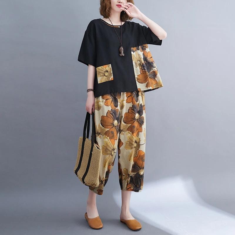 

Женский хлопковый комплект из двух предметов от мамы Корейский стиль Утягивающие штаны с принтом укороченные Летний наряд Свободный крой Мода для зрелых женщин M чёрный