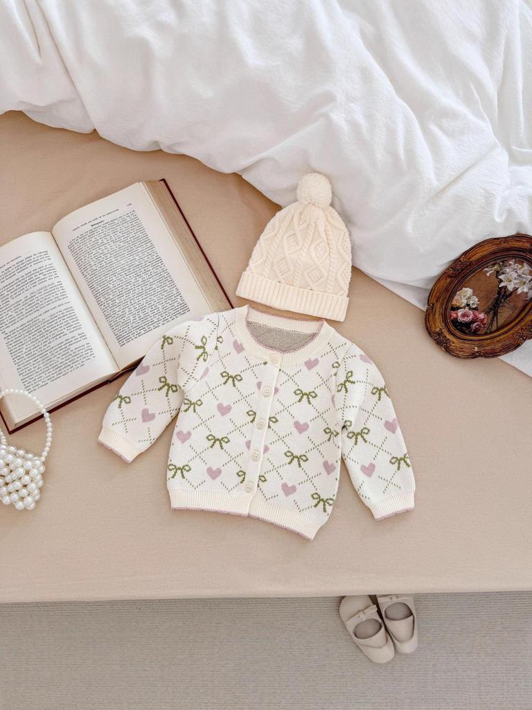 Heart & Bow Knitted Romper and Jacket Set for Baby Girls - Perfect for Spring & Autumn, Full Moon, and 100-Day Celebrations.