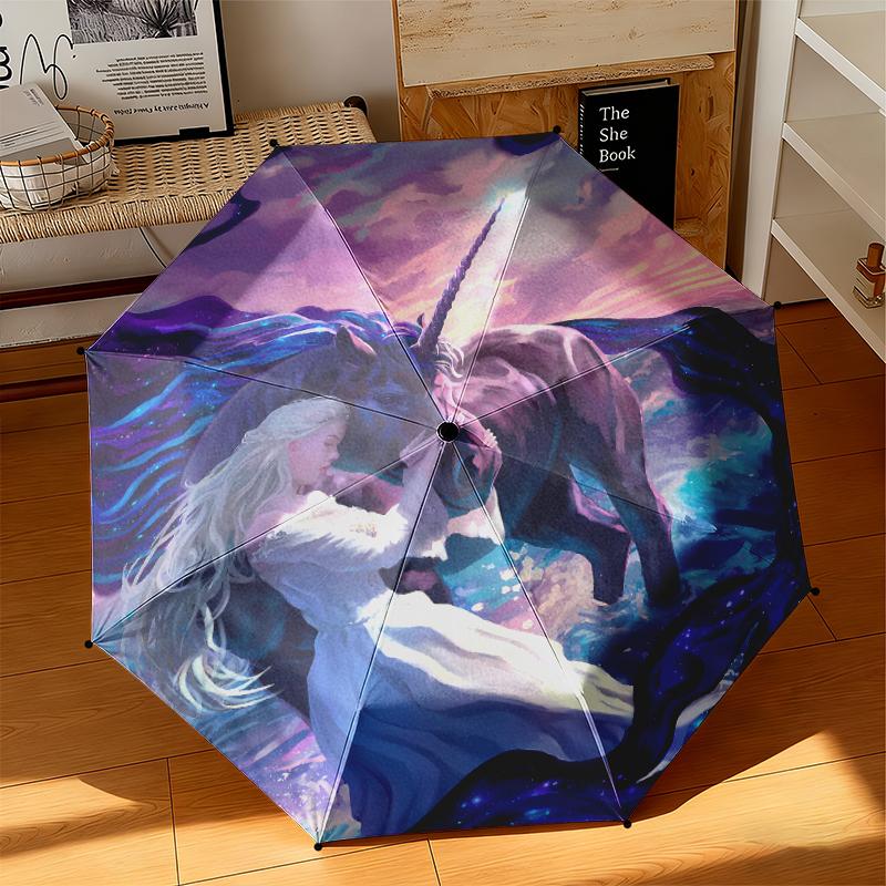 

1pc Dreamy Rainbow Unicorn Umbrella Portable Folding Umbrella Iron Frame Hole Bone Structure Outdoor Home Umbrella