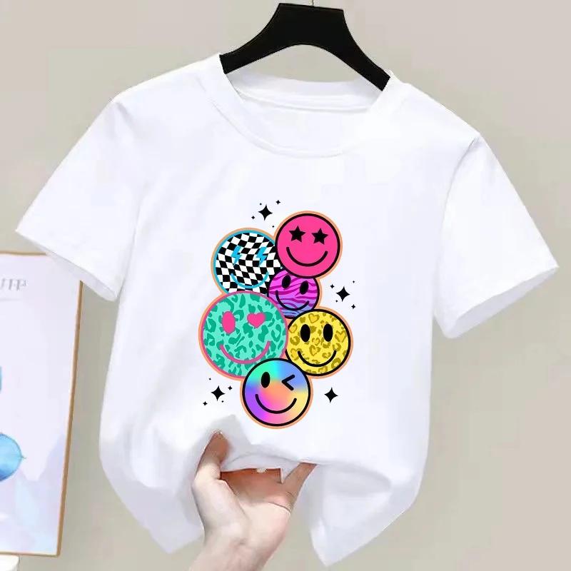 Kids Cartoon Smiley Face Print Shortsleeved Tshirt Casual and Versatile Style Suitable for Childrens Outings and Daily Wear