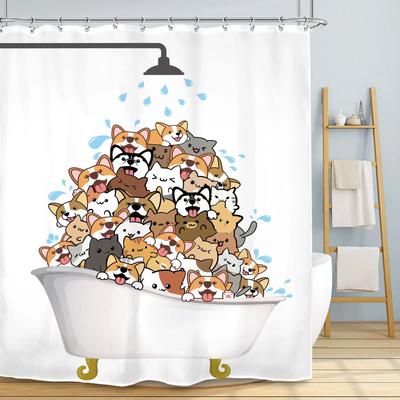 Závěs do sprchy Kočky a psi Pršící Kreslený Corgi Roztomilé zvíře Zábavný mazlíček Hrající si ve vodě Polyester Nepromokavý Závěs do koupelny