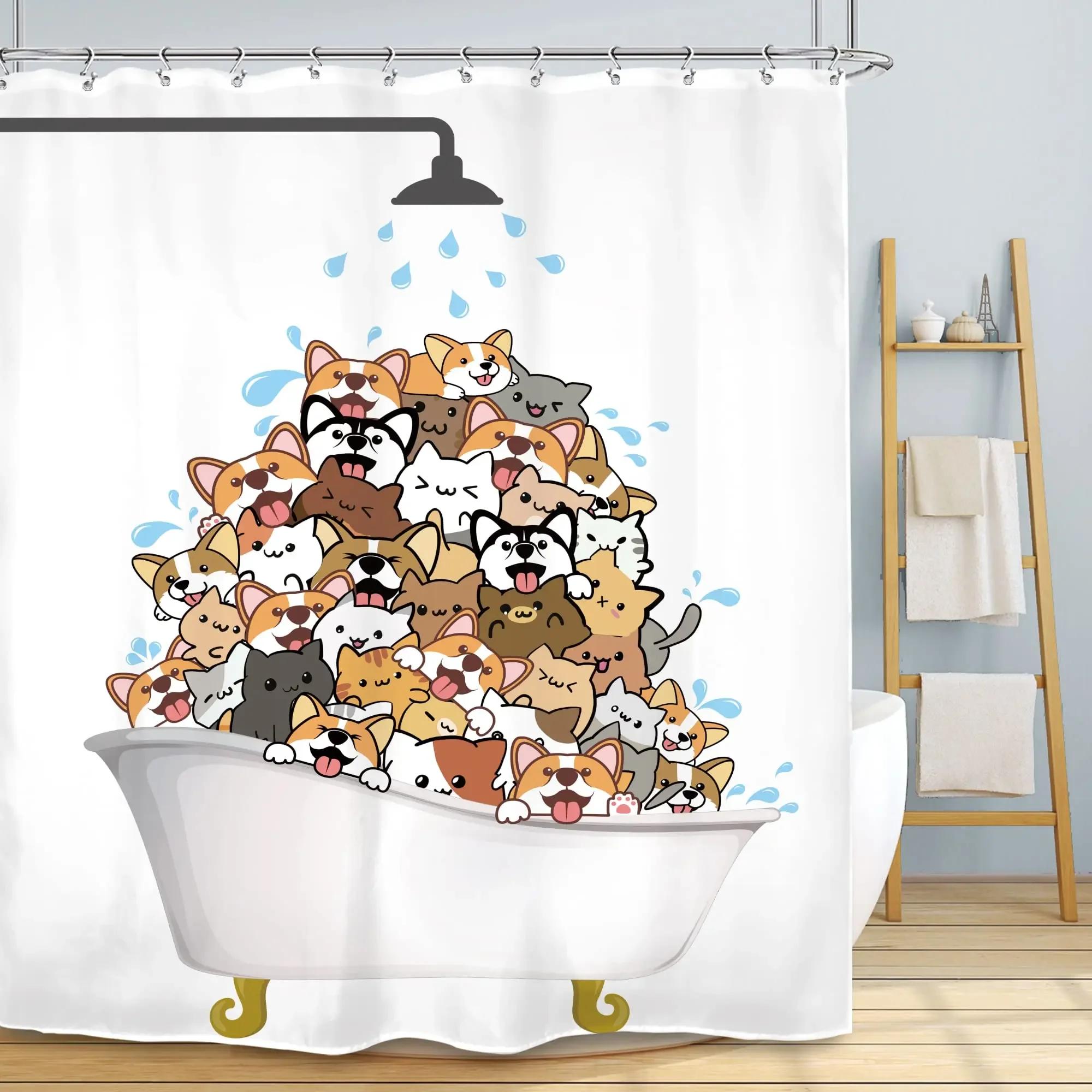 

Cats And Dogs Shower Curtain Raining Cartoon Corgi Cute Animal Hilarious Pet Playing Water Polyester Waterproof Bathroom Curtain W60H190(CM)-1 Pcs