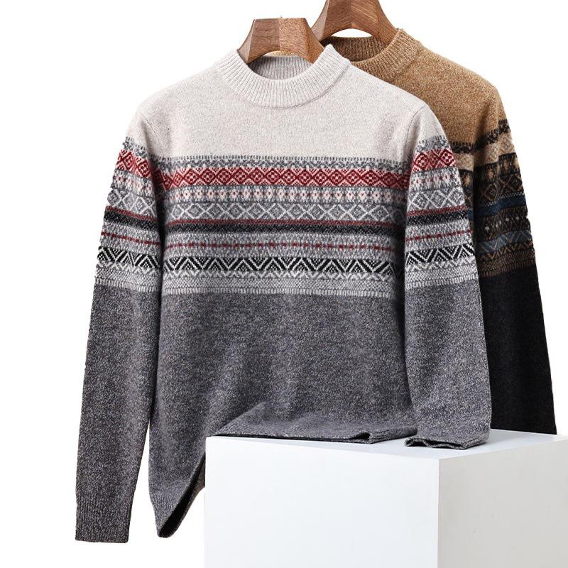 530g Thickened 100% Wool Men's Sweater, Autumn/Winter 2025, Round Neck Striped Knitwear