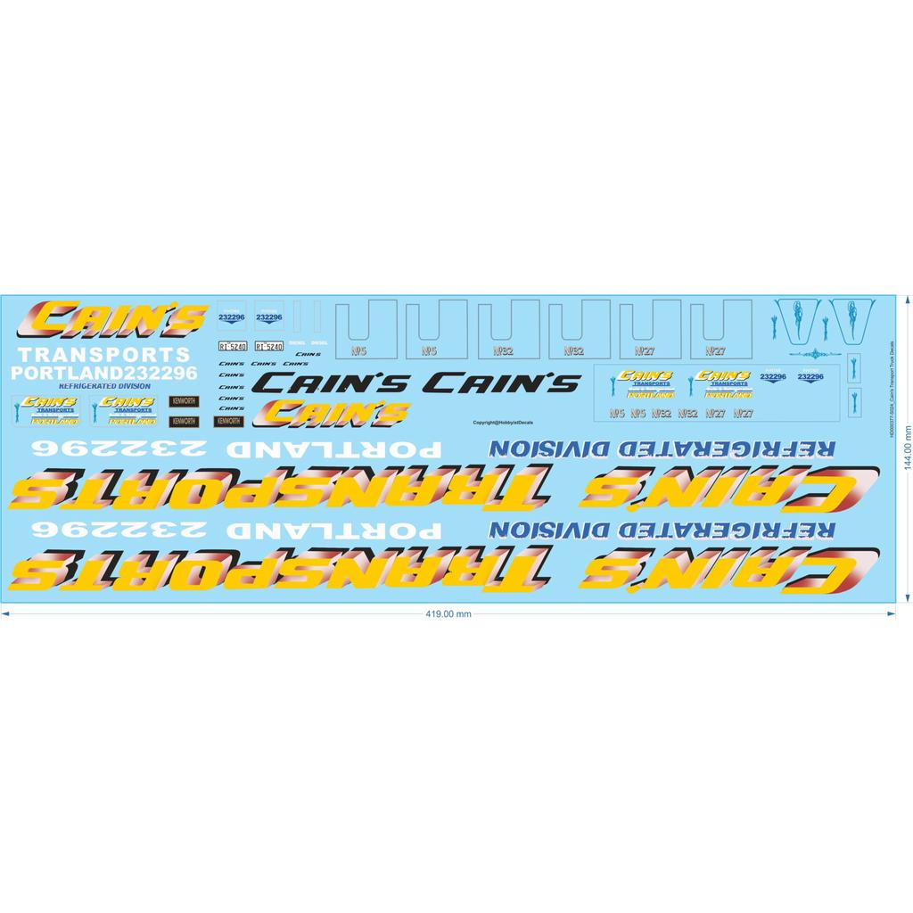CAIN'S TRANSPORT - Model Truck Decals - 1/24 1/50 1/64 1/87 - Water Decal - Waterslide, 1/50 - Waterslide, 1/24