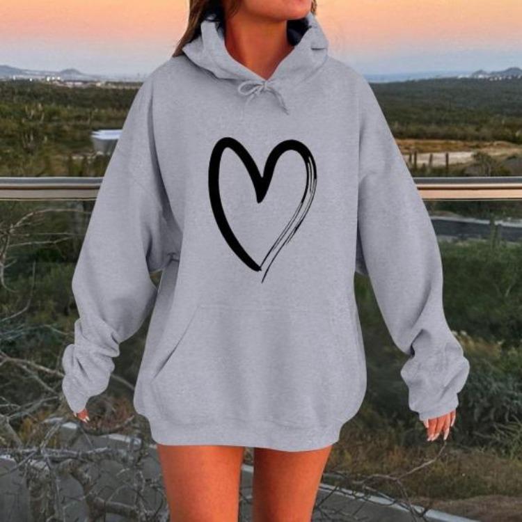 Oversized Fleece Lined Sweatshirt Women Long Sleeve Hoodies Fall Pullover Top with Pocket Heart Print Drawstring