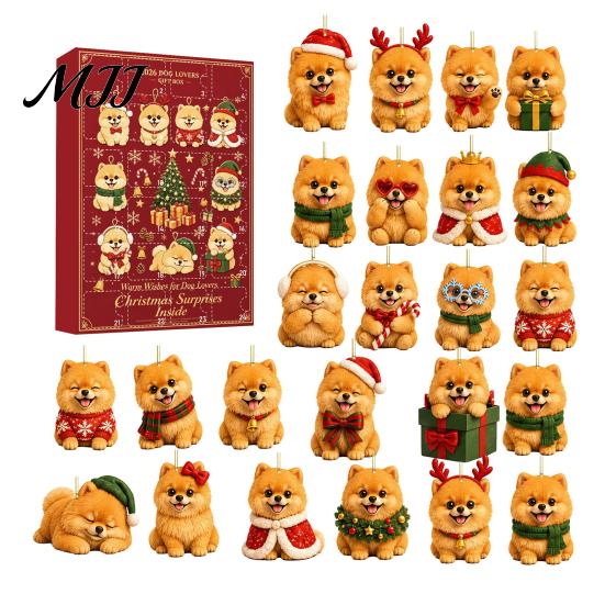 Holiday Party Games Pomeranian Christmas Countdown, 24-Day Advent Calendar with 2D Acrylic 24 Day Countdown Dog Ornaments, Tree Hanging Decor,