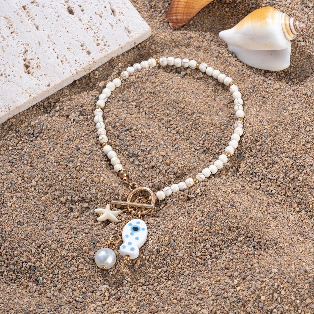 Bohemian Ceramic Fish Bead Bracelet for Women Sea-inspired Charming OT Buckle Bracelets with Synthetic Turquoise Beads