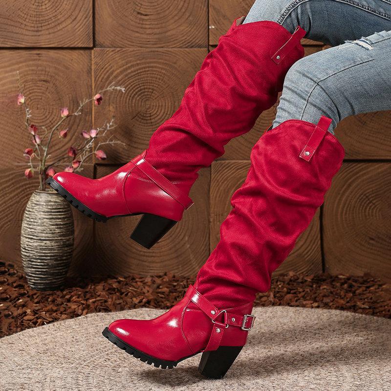 Female Knight Boots Autumn and Winter New Patent Leather Round Head Thick Sole Thick Heel Super High Heel Belt Buckle Can Not Knee Boots