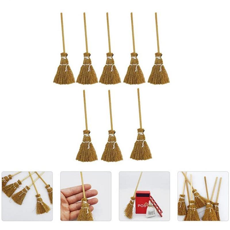 10pcs Miniature Artificial Mini Straw Brooms with Red Ropes Halloween Straw Craft Decoration for Costume Cosplay Party