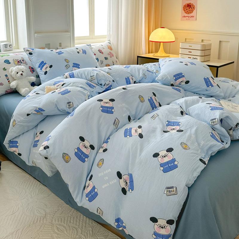 Small Clear Four-piece Set of Washed Cotton Sheets, Quilt Cover Three-piece Set of Bedding