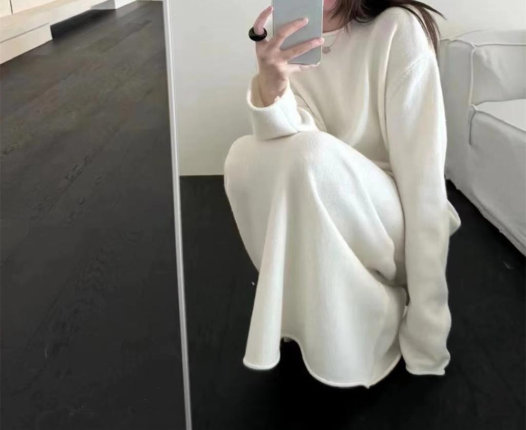 New solid color round neck loose lazy style pullover + elastic waist skirt foreign style two-piece set for women