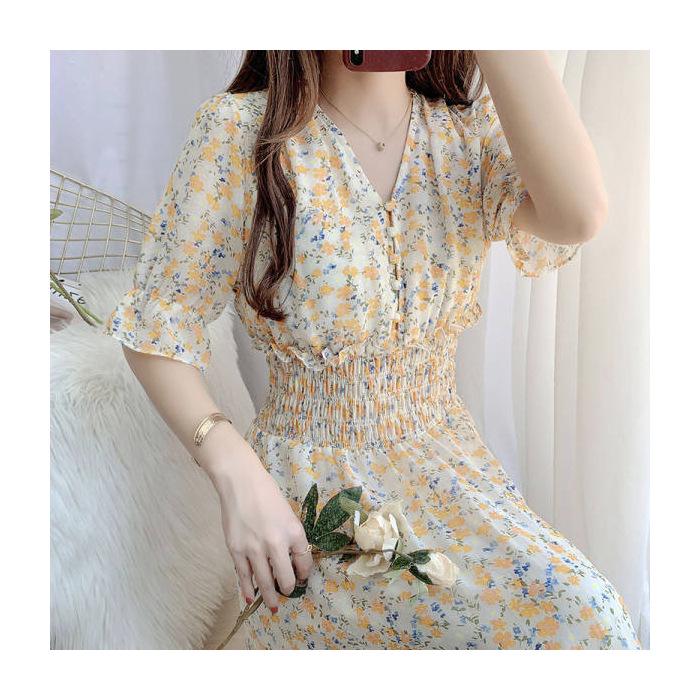 Květinové šaty s výstřihem do V, zeštíhlující pas, francouzský retro styl, 2024