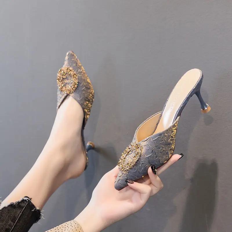 Fashion Blue Pointed Toe Mules Stiletto Sandals Woman Slippers Outside Rhenstone Heeled Job Slides Shoes for Women I H Sandal G Unique B