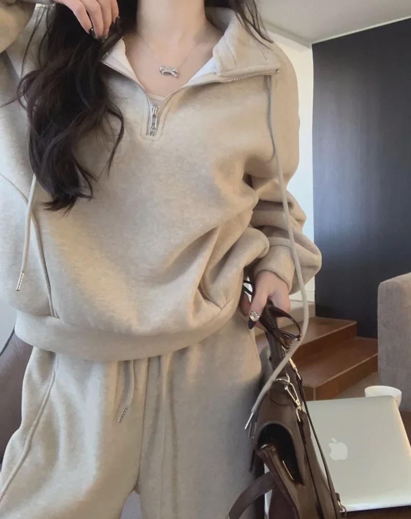 Koreanischer Damen-Freizeitanzug: Verdickter lockerer Mantel & Hochtaillierte weite Mopping-Hose – Perfekt für Frühling & Herbst.