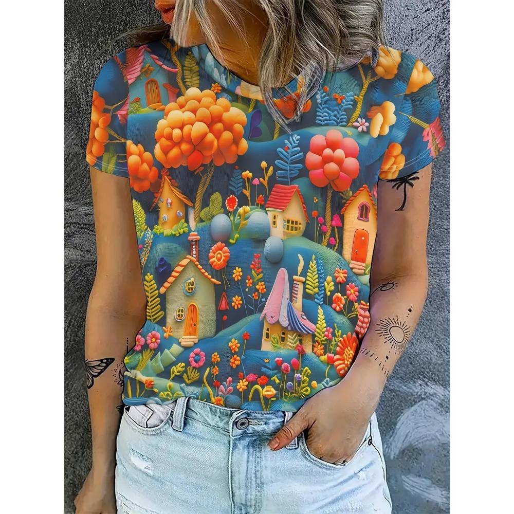 Summer Fashionable Casual Round Neck Short Sleeved T-shirt Comfortable Breathable Cat Animal 3d Printed Loose Women's Commuter Versatile T-shirt