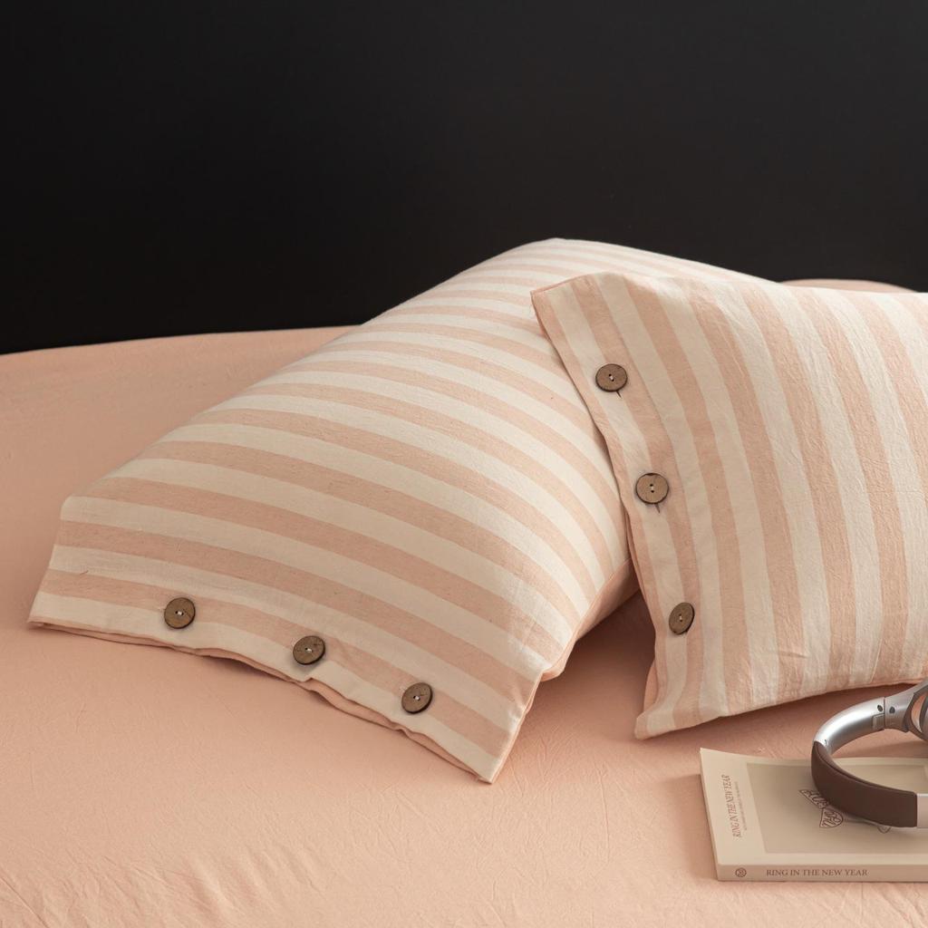Spring/Summer Premium Cotton and Linen Four-piece Set with Buttoned Duvet Cover in Simple Stripes/Checks