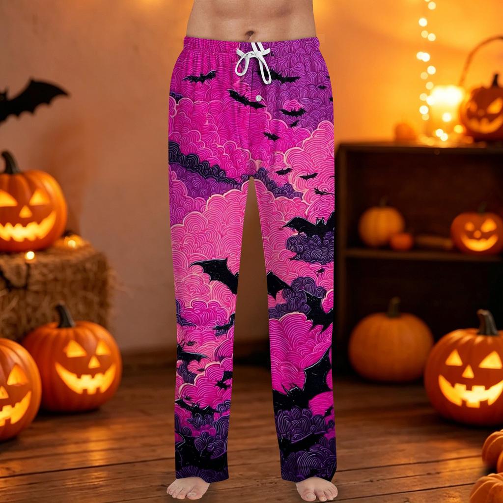 Mens Halloween Printed Drawstring Lounge Pants Casual Relaxed Fit Sleepwear Trousers with Pumpkin Pattern Design