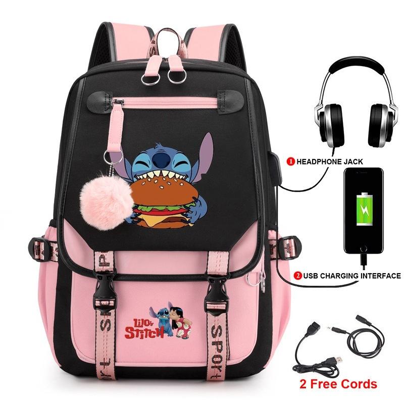Σακίδιο Stitch για Φοιτητές Χαριτωμένη Τσάντα Laptop με Κινούμενα Σχέδια και Θύρα USB Μοντέρνο Στυλ