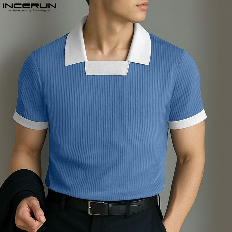 INCERUN Men Lapel Square Collar Short Sleeve Stitching Color Casual Fitted T-shirts