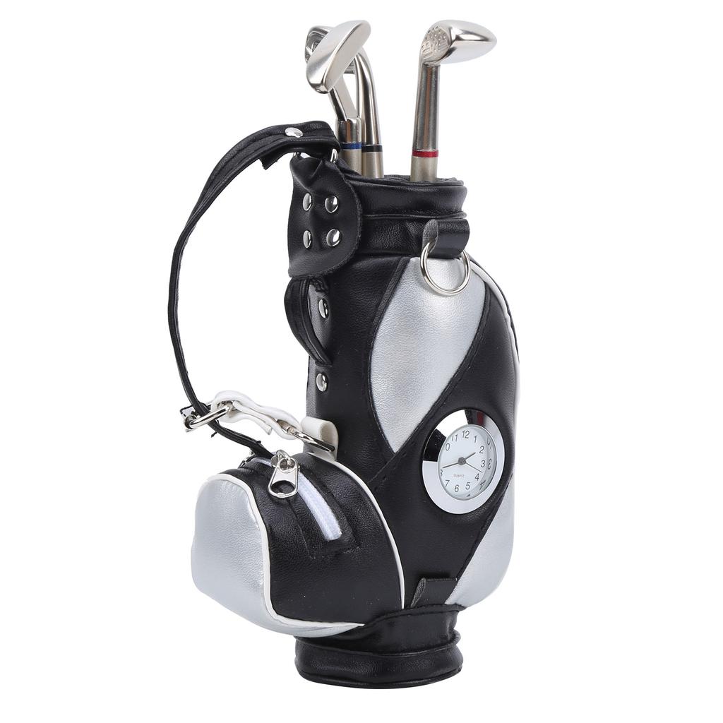 Mini Desktop  Golf Bag Pen Clock  Zinc Alloy PU Leather with Golf Pens Souvenir Set GiftBlack