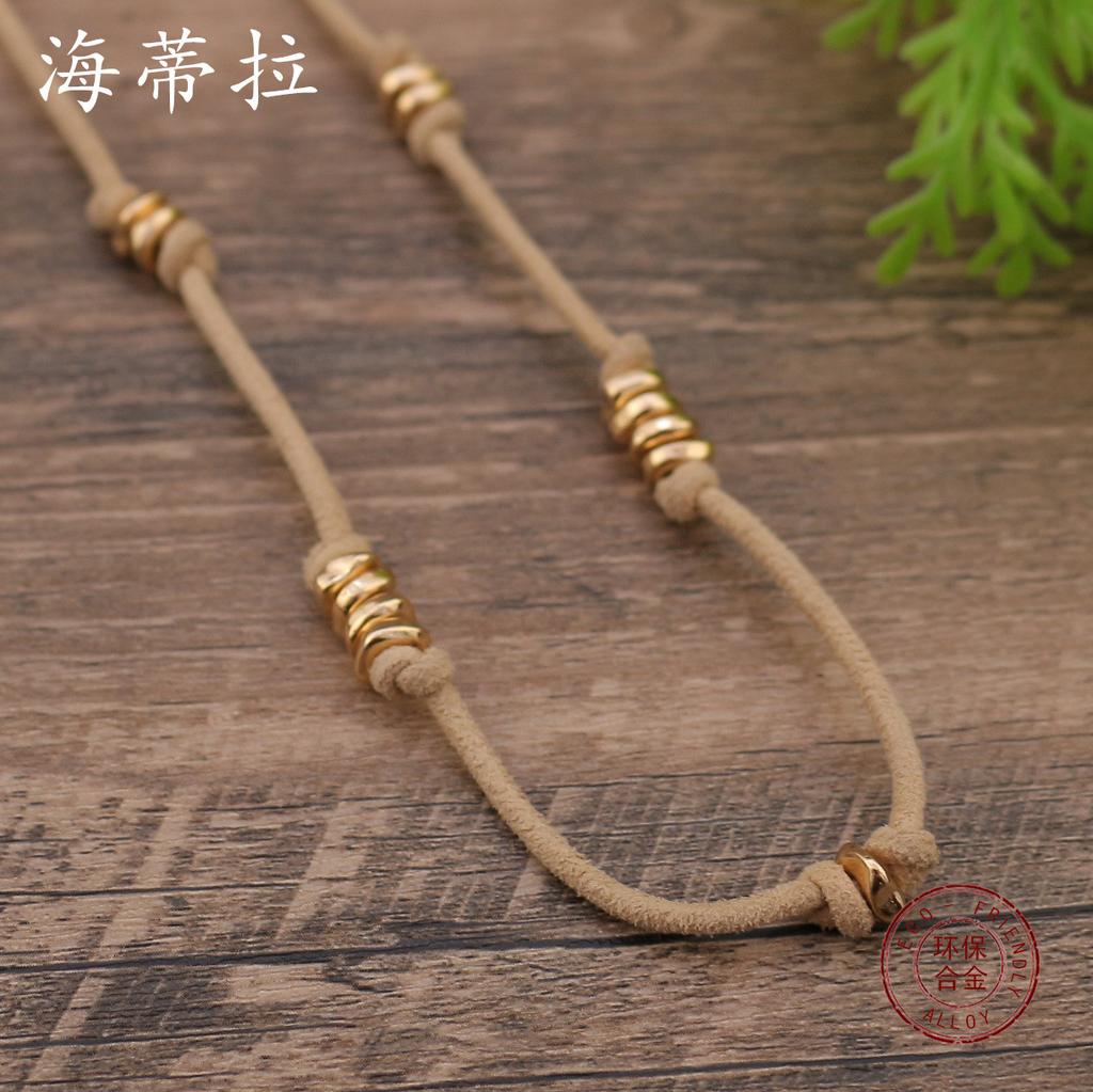 New retro leather rope metal beaded cable long necklace, women's bohemian leather rope necklace