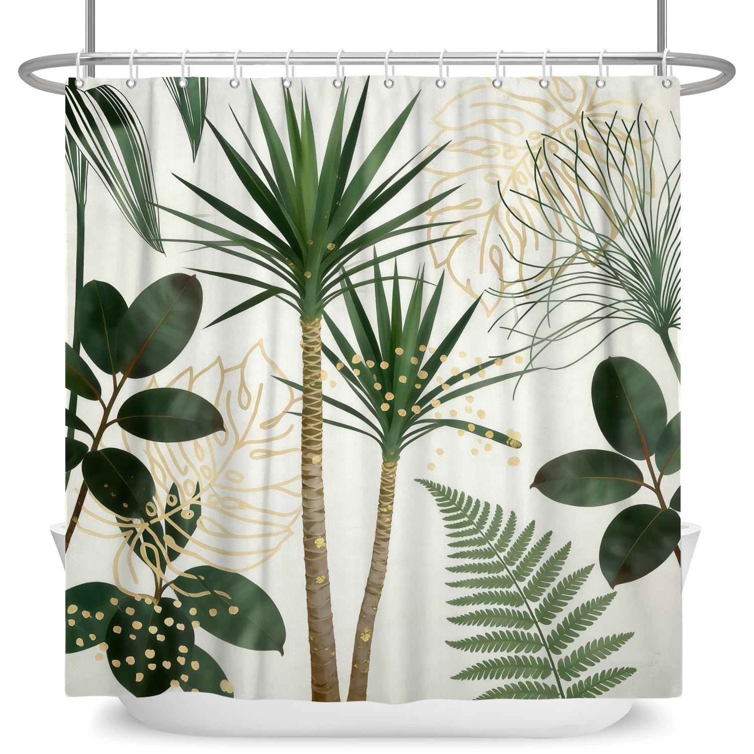 

Tropical Plant Shower Curtain Green Leaf Palm Monstera Pattern Waterproof Fabric Bath Curtain With Hooks Modern Bathroom Decor W60H190(CM)-1 Pcs