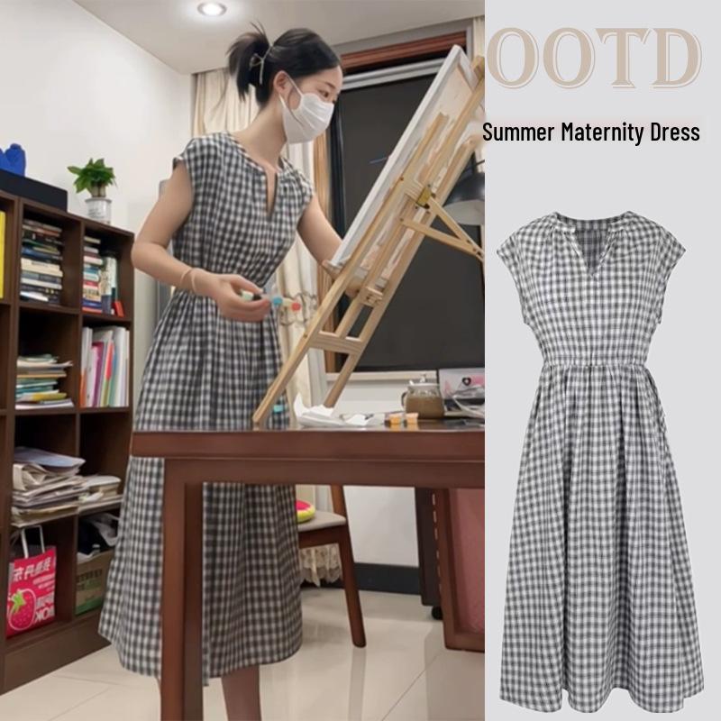 2026 Summer French Retro Plaid Maternity Dress with Drawstring Waist and Flutter Sleeves M