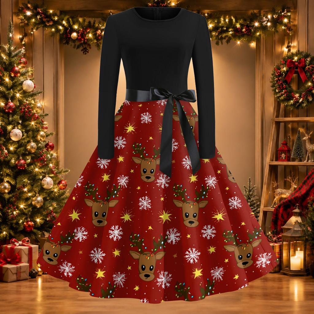 Damen Vintage Christmas Print Rundhals Freizeitkleid