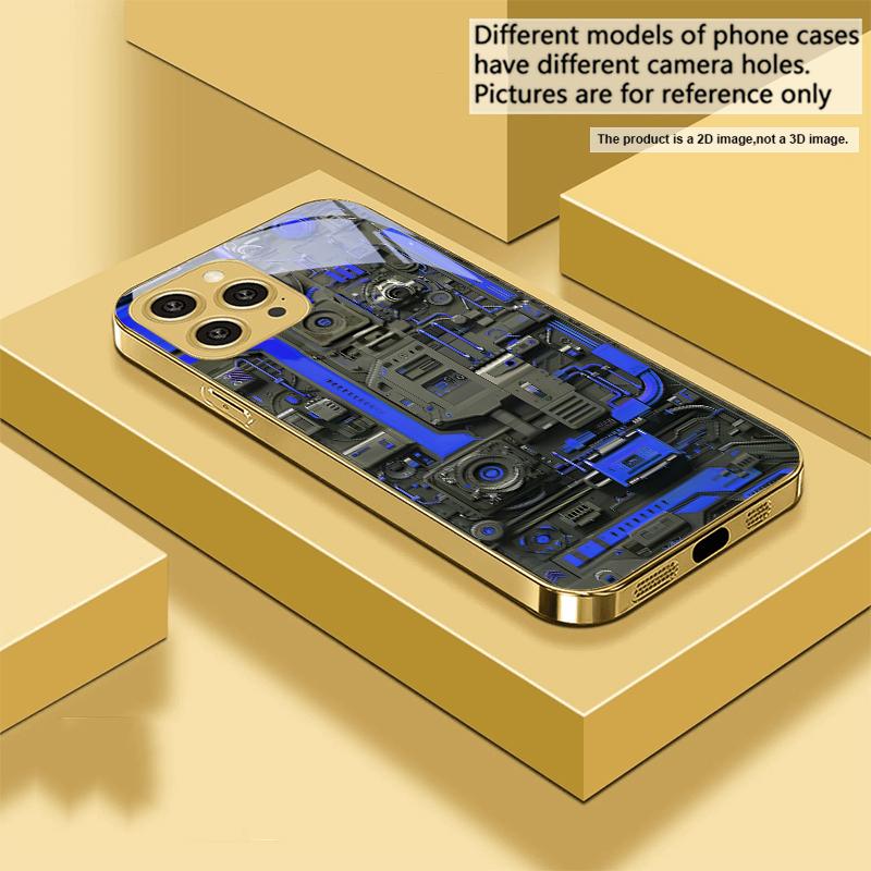 Yellow circuit board For IPhone 16 16Pro Max 15 P ro 14 13 Plus 12 Mini 11Pro Max XS Max XR Golden tempered glass phone case
