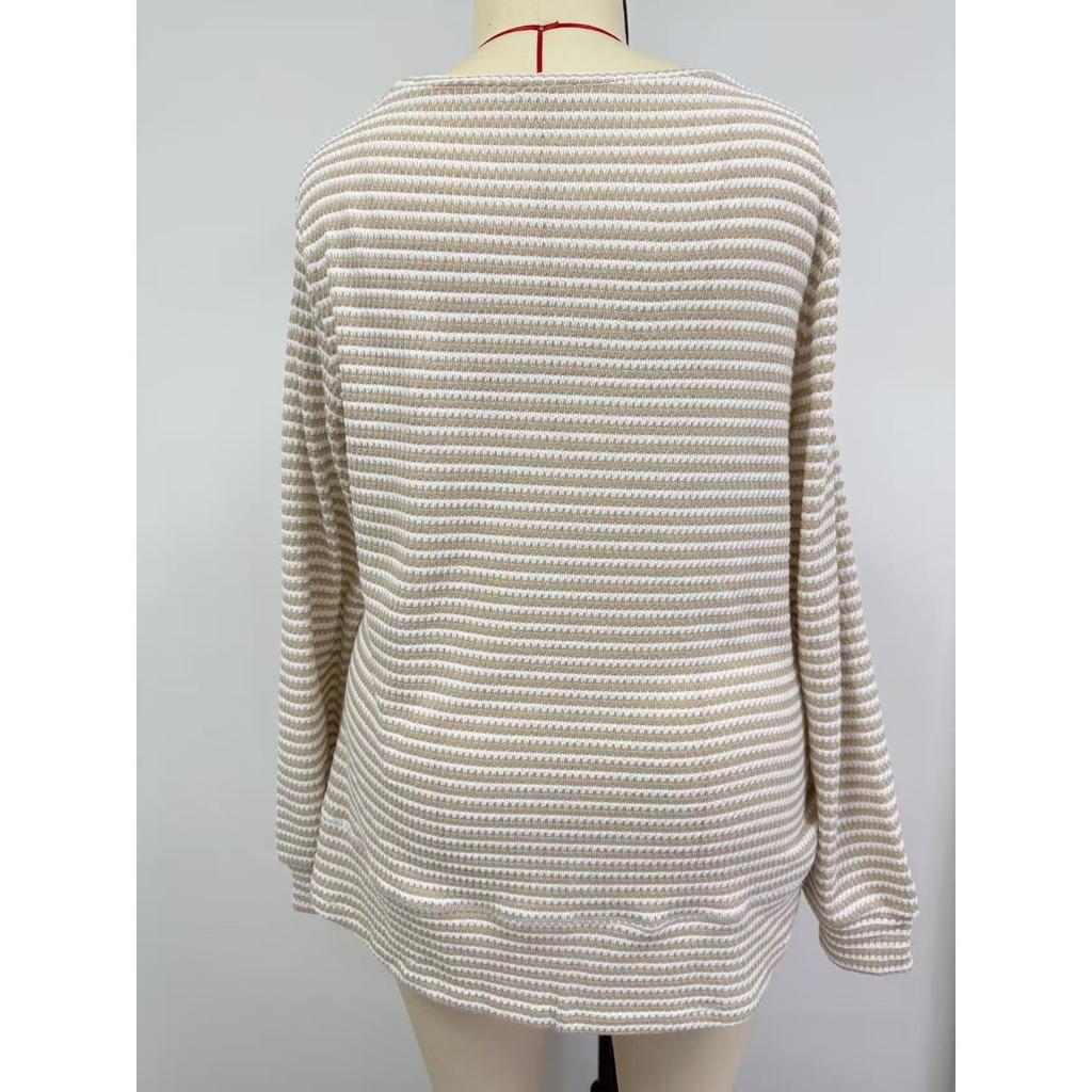 Women's Casual Long Sleeve Knit Hollow Stripe Round Neck Pullover T-shirt Top, Autumn Winter Fashion Top for Crossborder