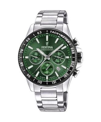 Timeless Chronograph Stainless Steel Green Dial Quartz F20560-4 100M Men's Watch