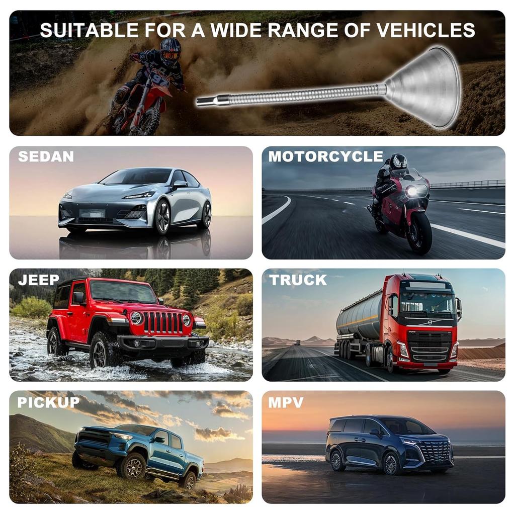 Steel Bendable Universal Spout Funnel with Filter and Flexible Pipe - Galvanized for All Automotive Oils, Diesel Fuel and Other Liquids - Silver