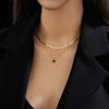 Gold Plated Double Layer Necklace with Herringbone Chain  Green Zircon Pendant, Vintage Emerald Charm Chain for Women