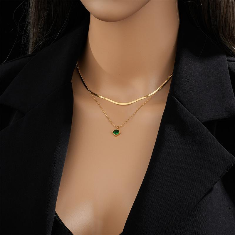 Gold Plated Double Layer Necklace with Herringbone Chain  Green Zircon Pendant, Vintage Emerald Charm Chain for Women