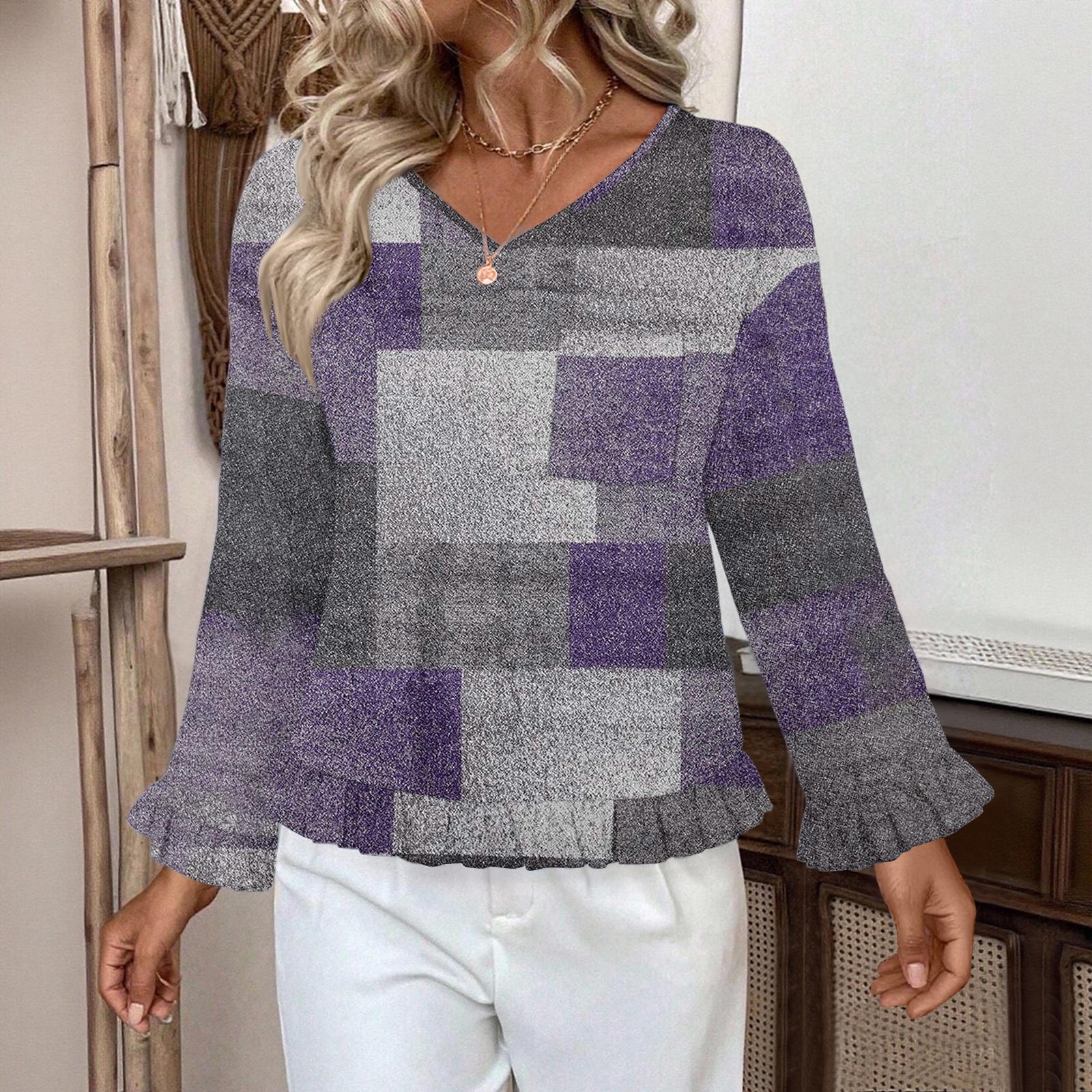 

Женский повседневный модный топ с оборками, V-образным вырезом, принтом и длинными рукавами M фиолетовый