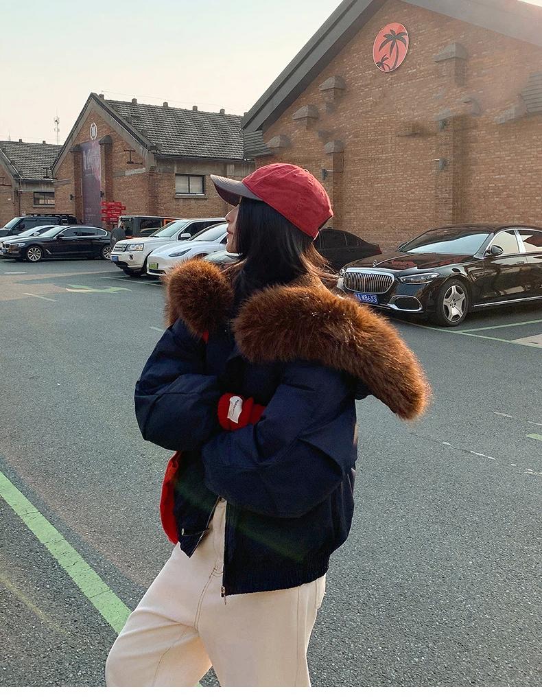 Women’s Short Hooded Windproof Thicken Warm Winter Jacket With Big Fur Lapel