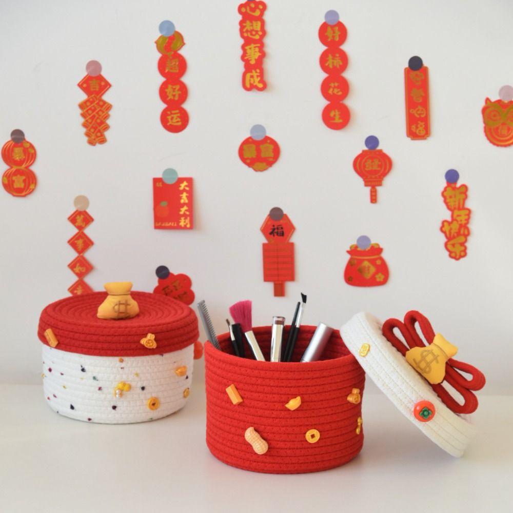 Handmade New Year Storage Basket Cartoon Blessing Desktop Storage Box with Lid Decorative Sundries Organizer Clutter Management