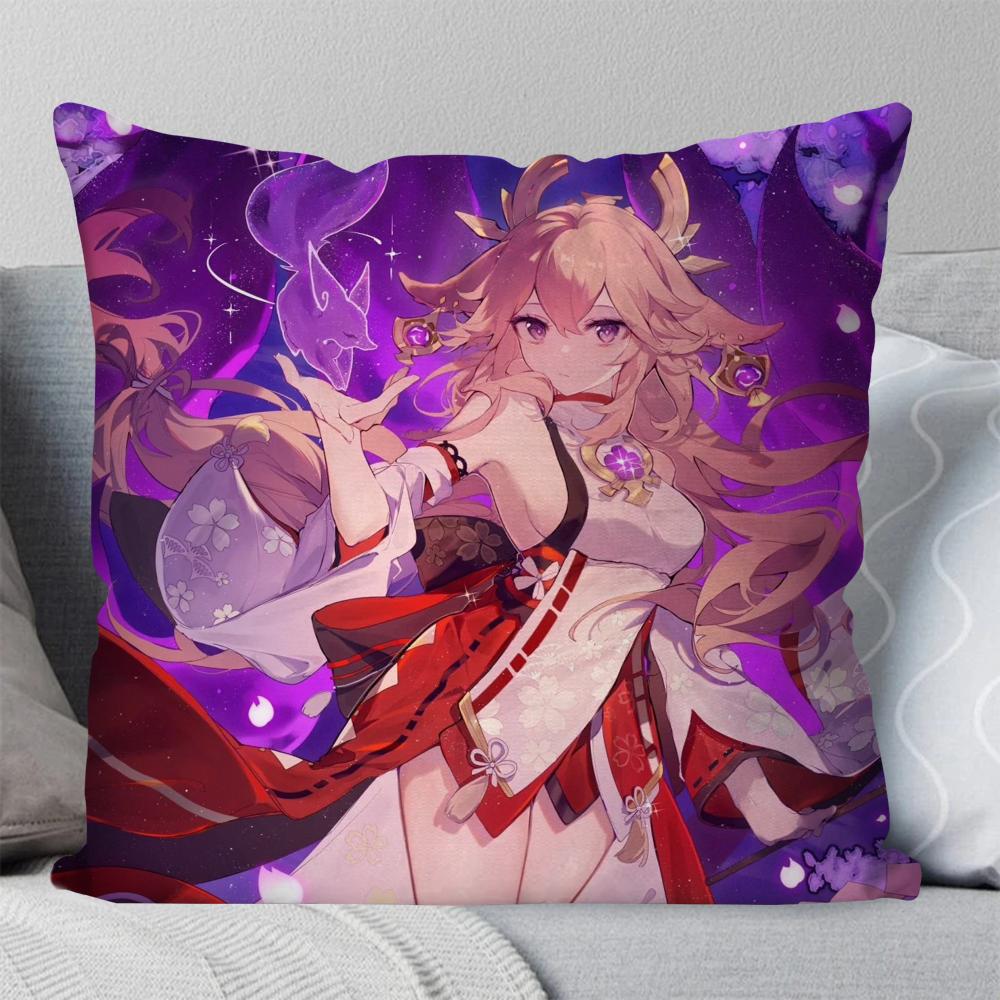 Yae Miko Animation Game G-Genshin I-Impact Pillow Case Square Pillow Bedroom Sofa Leisure Car Living Room Home Decoration 40X40